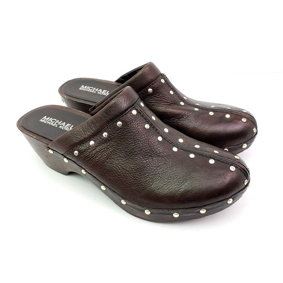 Michael Michael Kors Womens Sz 7.5 Brown Leather Studded Slip On Mule Clog Shoes - Picture 1 of 11